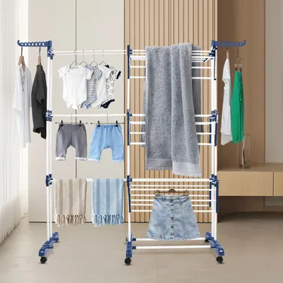 Image de Séchoir à linge 4 niveaux Séchoir sur pied avec roulettes Extensible 75-142.5x64x170cm 2 ailes latérales Bleu Blanc