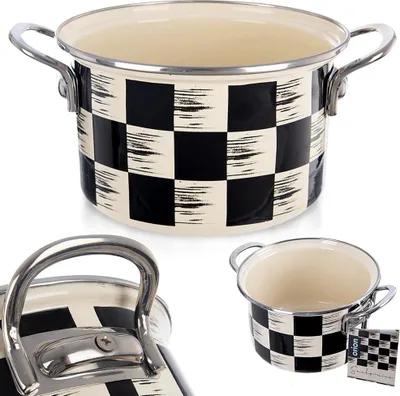 A collage of images showing a black and white checkered enamel pot from different angles.