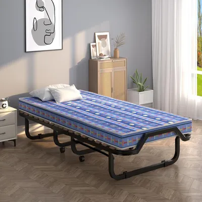 Image de Lit simple pliable - Lit escamotable - Lit d'appoint - Lit pliable - Lit de camping - Avec matelas en mousse à mémoire de forme de 10 cm