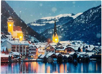Produktbild von LED Bild Winter Stadt am See Weihnachten Winterlandschaft Leinwand Wandbild 28x38cm