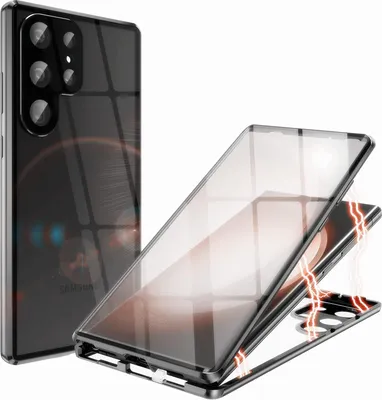 A clear protective case for a Samsung Galaxy S23 Ultra phone, shown in two configurations: one assembled and one disassembled to highlight its magnetic closure.