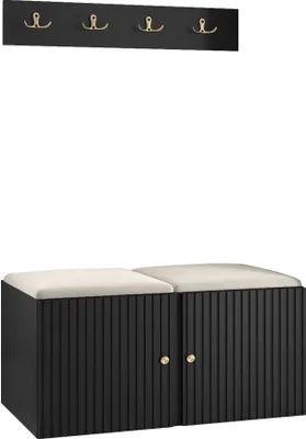 Produktbild von MIRJAN24 Garderoben-Set Orion Ryfel Slim VI, Schuhschrank, Kleiderhakenbrett, 2x Sitzpaneel 42x42, Metallgriffe, 4 Kleiderhaken (Farbe: Schwarz, Manila 02)