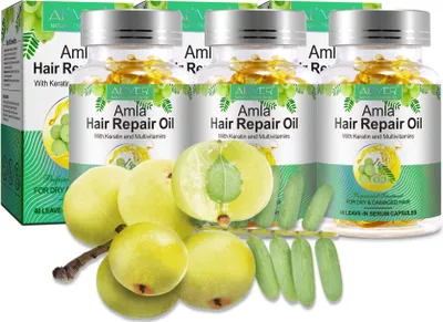 Image de Huile d'Amla pour les cheveux avec kératine Croissance des cheveux contre la chute des cheveux en gélules Bio Vegan, 3x 40 gélules