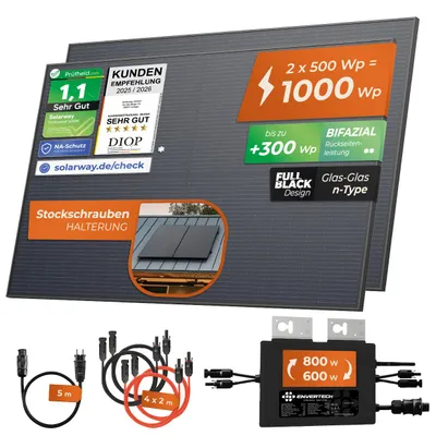 Produktbild von Solarway®️ 1000Wp / 800W Balkonkraftwerk komplett Steckdose - neuester Envertech 600-800 Watt Wechselrichter