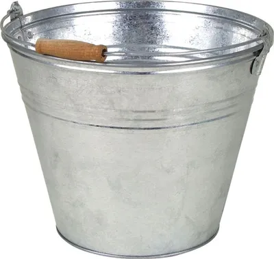 A galvanized metal bucket with a wooden handle.