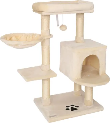 A beige cat tree with multiple levels, a hammock, a hideaway house, and a dangling toy, presented on a white background.