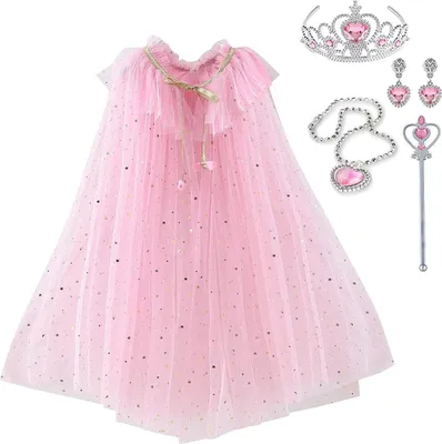 Produktbild von skyllc Prinzessin Umhang Mädchen,Verkleidung Mädchen Prinzessin,Kostüm Prinzessin Mädchen mit Krone Halskette Ohrringe Zauberstab,Party Kostüm Karneval Cosplay für Mädchen Halloween Kostüm
