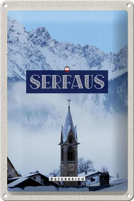 Produktbild von Blechschild Reise 20x30cm Serfaus Schnee Berge Kirche Winter