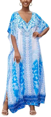 Produktbild von Kaftan, Oversize-Passform – Strandkleid – Nachthemd – Loungewear – Ethnische Blumenstickerei – Atmungsaktive Baumwolle