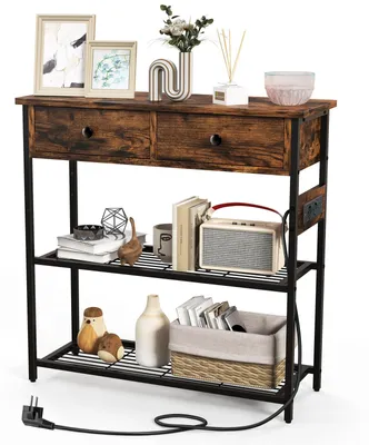 Produktbild von COSTWAY Konsolentisch, Flurtisch mit 2 Schubladen, 2 Metallgitterablagen, Steckdosen, USB & TypeC, Eingangstisch, Beistelltisch, 81x30x81cm