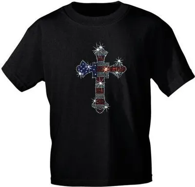 Produktbild von T-Shirt mit Strassmotiv - American Flag Kreuz - 12974 Gr. S-3XL Größe - L
