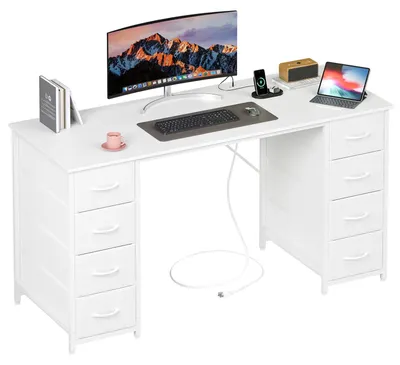 Image de Bureau de jeu - 140 x 48 cm - Revêtement en tissu - Blanc - Métal et bois - Avec prises électriques et ports USB