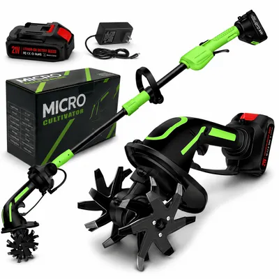 Produktbild von 2-in-1 Akku-Bodenfräse, 100mm, elektrische Gartenfräse Mit 2 Stangen, 235 U/min, batteriebetriebener Rototiller für Gartenarbeit, 2 Akku und Ladegerät