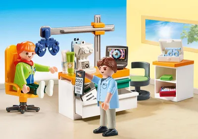 A Playmobil eye doctor's office playset with two figures, examination equipment, and furniture.
