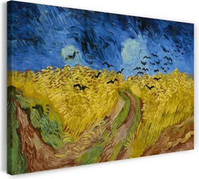 Produktbild von Leinwandbild (100x70cm): Vincent van Gogh - Weizenfeld mit Krähen (1890), echter Holz-Keilrahmen inkl. Aufhänger, handgefertigt in Deutschland