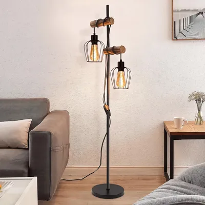 Image de ZMH lampe sur pied 2 ampoules salon bois lampe de sol noire lampe de salon debout métal luminaire sur pied douille E27 lampe sur pied pour chambre
