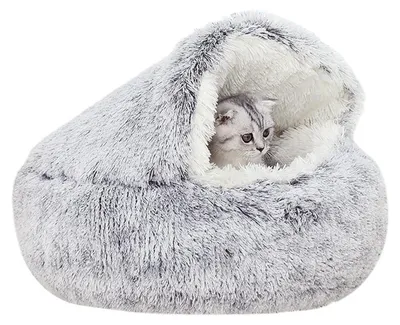 Image de Lit pour chat "Katzenhöhle" de 50 cm, forme donut, en peluche, avec capuche, couleur gris