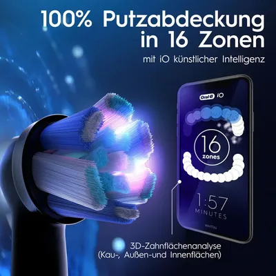 Close-up of an electric toothbrush head with glowing bristles, next to a smartphone displaying a dental hygiene app.