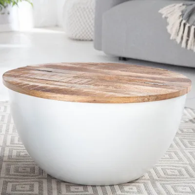 Produktbild von cagü: Industriedesign Couchtisch [PULIM] Natur aus Mangoholz und Metallkorpus Weiß 70cm Ø Rund