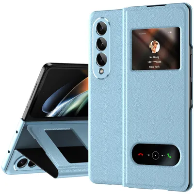 Immagine prodotto di Custodia sottile in pelle flip per Samsung Galaxy Z Fold 4 5G, con finestra di visualizzazione e funzione stand Blu litchi