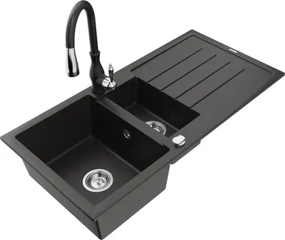 Produktbild von Mexen Andres 1,5-Becken-Granitspüle mit Abtropffläche und Mischbatterie Savita, Schwarz/Gold metallisch - 6515-75-672601-70