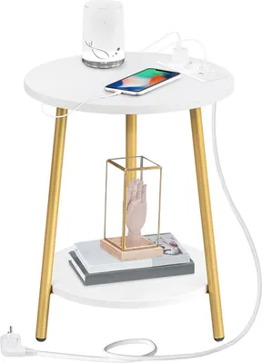 Image de Table d'appoint ronde avec station de recharge et 2 niveaux, blanc et or