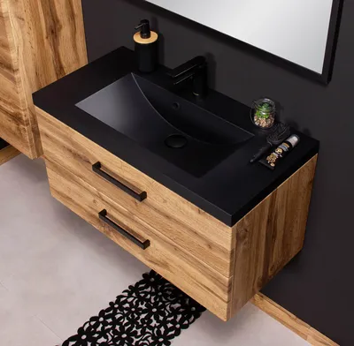 Produktbild von Badmöbel Fokus Loft 80, Eiche Natur, Waschtisch schwarz matt, Waschtischunterschrank montiert