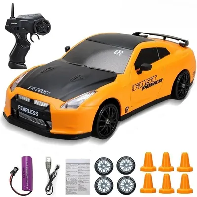 Produktbild von 2,4-GHz RC-Drift-Auto 4WD im Maßsta, ferngesteuertes Rennauto mit Beleuchtung, 15 km/h und 3,7-V-Akku - Gelb