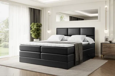 Produktbild von ALTDECOR Boxspringbett mit 2 Matratzen und Topper - 180x200 cm - OHIO KING - Schwarz Kunstleder - Polsterbett mit, H3- und H4- Matratzen, Bettkasten und Lattenrost, Bett mit Stauraum