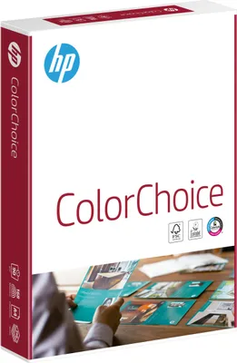 A box of HP ColorChoice paper is shown with a person looking at printed sheets of paper.