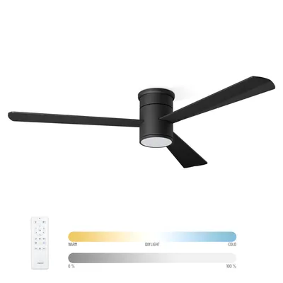 A modern black ceiling fan with a remote control and color temperature and brightness sliders.