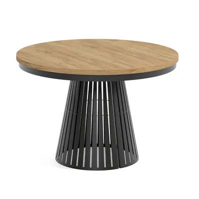 Obrázek produktu pro Kulatý rozkládací jídelní stůl CAVO s kruhovým podnožím, loftový styl, skandinávský, průměr: 120/196 cm, barva: dub Craft Golden/černá