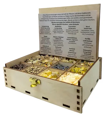 Räucherbox mit 12 Mischungen, 14 x 10 x 4 cm, Holz