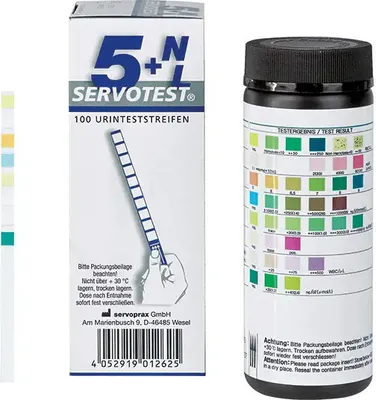 Produktbild von Servotest 5+NL Diagnostické testovací proužky na moč PH, glukózu, bílkoviny, leukos atd. 100 ks