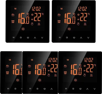 A collage of five identical smart digital thermostats displayed on a white background.