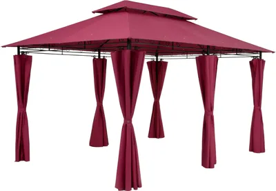 A burgundy gazebo with curtains, shown against a white background.