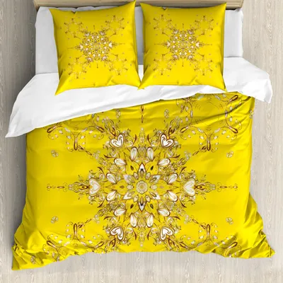 Produktbild von ABAKUHAUS Gelbes Damast Bettbezug Set, Orientalische Arabesque-Blumenelement-vibrierendes Farbfrühlingsthema, 155 x 220 cm + 80 x 80 cm, Gelb Braun und Weiß