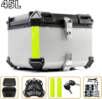 Imagen del producto de Maletero superior de aluminio para motocicleta de 45 litros - Color plateado - Espacio de almacenamiento robusto para casco y accesorios