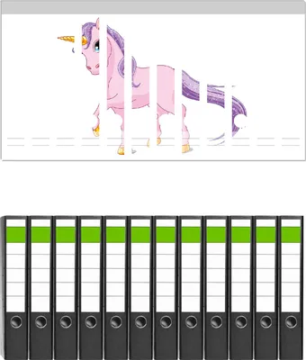 Produktbild von Wallario 12 Stück schmale Ordner inkl. Klebeetiketten mit Motive Einhorn in rosa mit Schweif in lila -  Set mit Rückenschildern / Ordnerrücken Stickern