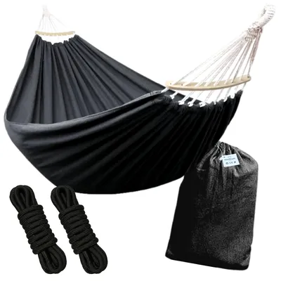 Produktbild von 2-Personen-Hängematte XL mit Spreizstange - Doppel-Hängematte schwarz- In Aufbewahrungstasche + Befestigungsseile - Wetterfest