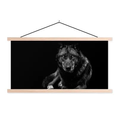 Produktbild von MuchoWow® Textilposter Tiere - Wolf - Schwarz - Weiß - Porträt 120x60 cm mit holzfarbenen Rahmen - Klemmleiste