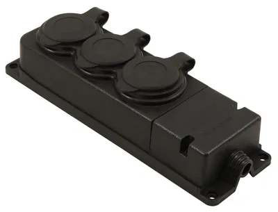 A black, three-socket outdoor power strip with protective covers is shown against a white background.