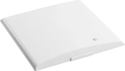 A white, square-shaped product with a slightly curved top surface and a small circular button on the right side. It is presented on a plain white background.