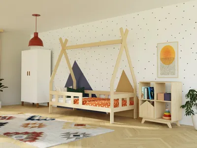 Produktbild von Kinder-Tipi-Bett FENCE 4-in-1 aus Holz mit Barriere 90x200 cm Transparente matte Wachslasur, Mit offenem Eingang