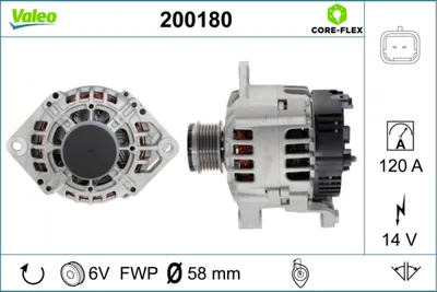 Produktbild von VALEO 200180 Lichtmaschine Generator LiMa 120A 14V für RENAULT CLIO II (BB0/1/2, CB0/1/2) KANGOO (KC0/1) MASTER II Kasten (FD) KANGOO Express (FC0/1)