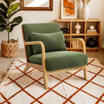 Produktbild von MARIE Vintage-Sessel aus skandinavischem Cord und Holz in Khaki