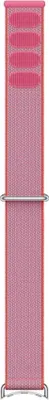 A pink fabric watch band with a silver buckle.