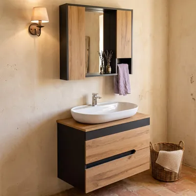 Produktbild von Badmöbel Set Eiche | Konsolenwaschtisch mit Unterschrank & Spiegelschrank 80 cm