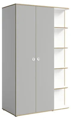 Image de Armoire Pinio pour chambre d'enfant 120 x 60 x 196,5 cm, 3 portes, blanc / gris clair / chêne truffé