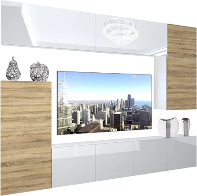Produktbild von BELINI Wohnwand Vollausstattung Wohnzimmer-Set Moderne Schrankwand mit LED-Beleuchtung Weiß Glänzend Anbauwand TV-Schrank Weiß / Sonoma Eiche Glänzend/Matt